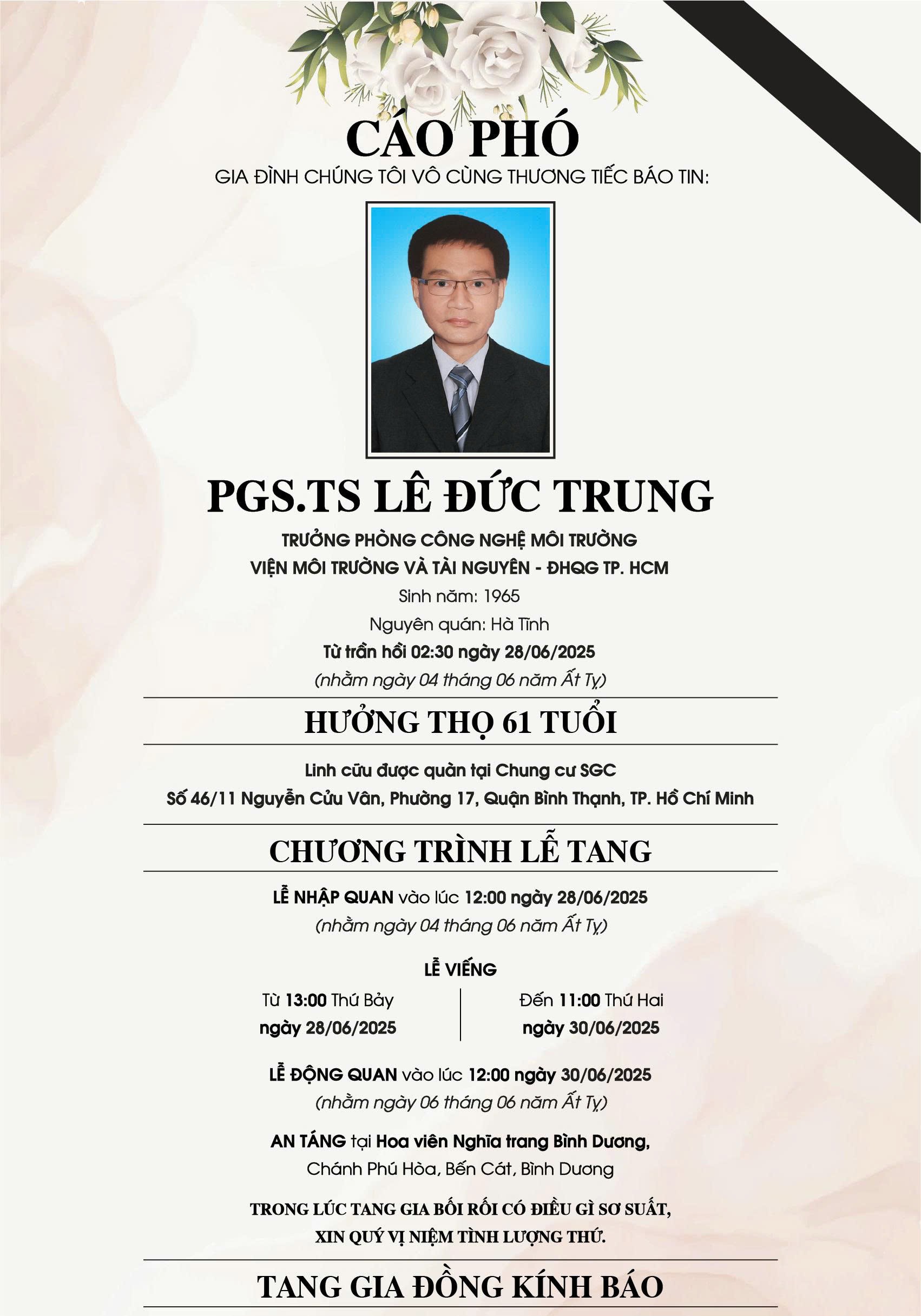 PGS.TS Lê Đức Trung – Trưởng phòng Công nghệ Môi trường, Viện Môi trường và Tài nguyên qua đời